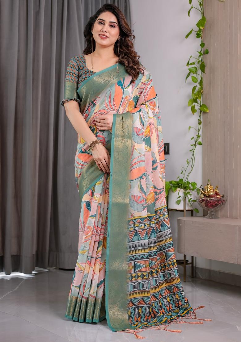 Olive Printed Linen Saree Set - Indya