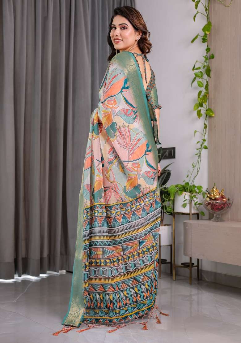 Olive Linen Saree Set with Printed for Diwali | Wedding & Festive Wear - Indya