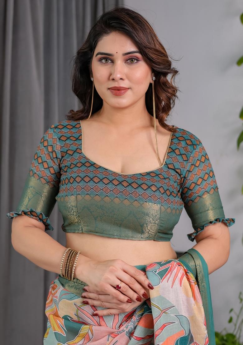 Olive Printed Linen Saree Set - Indya