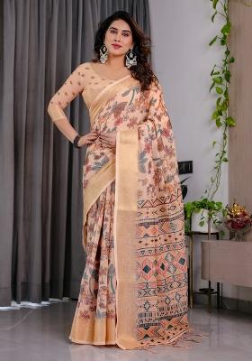 Cream Printed Linen Saree Set