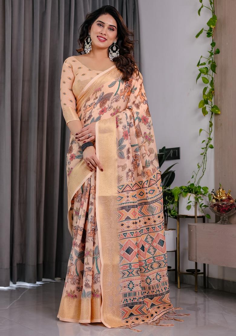 Cream Printed Linen Saree Set - Indya
