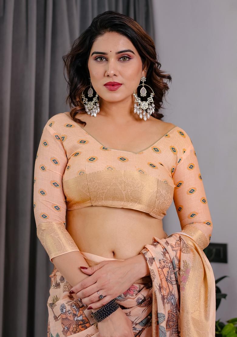 Cream Printed Linen Saree Set - Indya