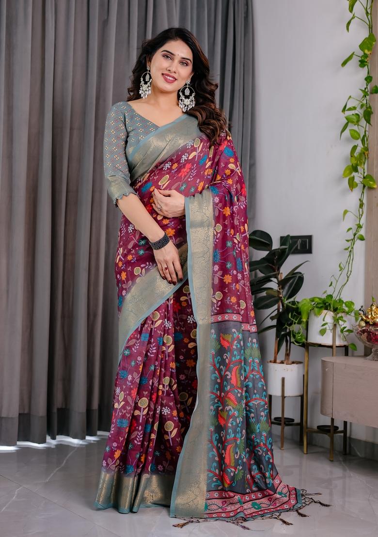 Purple Printed Linen Saree Set - Indya