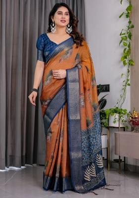Brown Printed Linen Saree Set