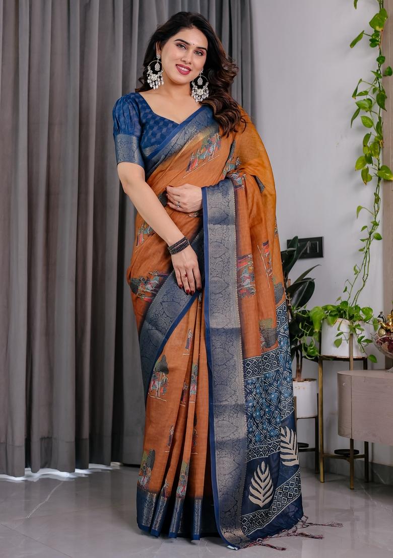 Brown Printed Linen Saree Set - Indya