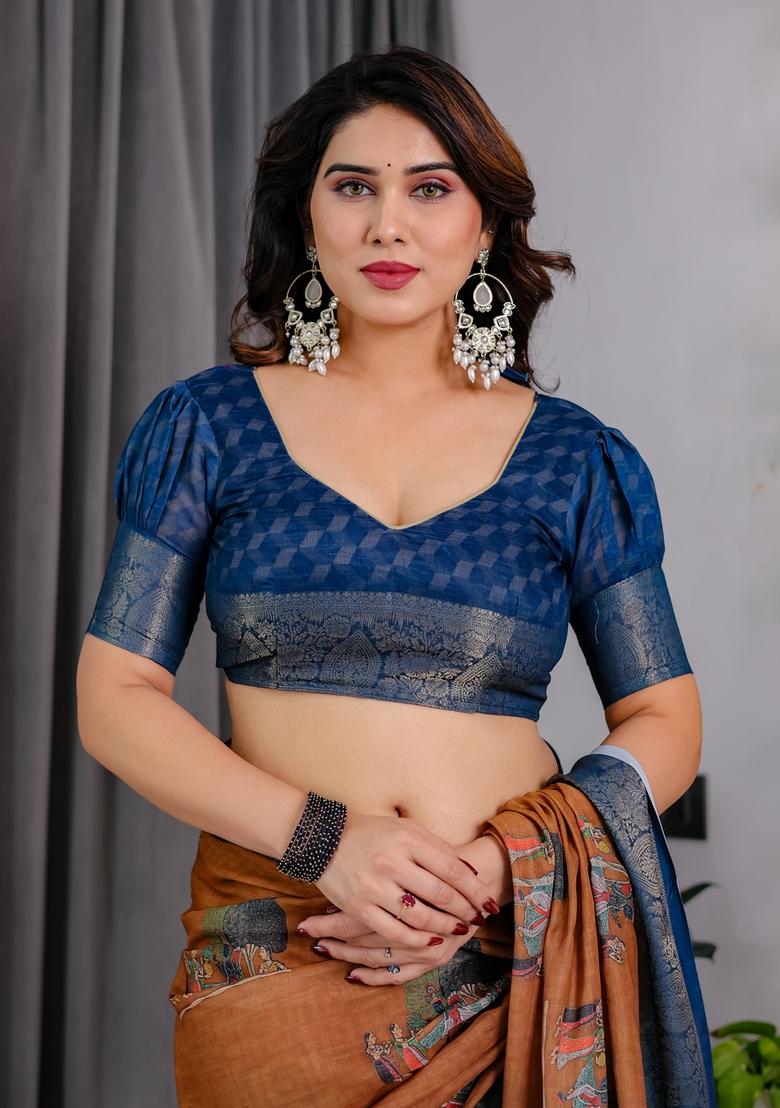 Brown Printed Linen Saree Set - Indya