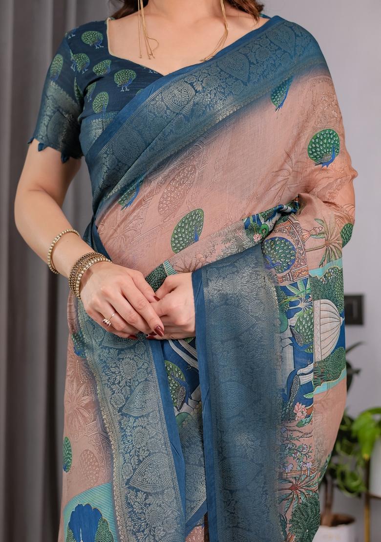 Blue Printed Linen Saree Set - Indya