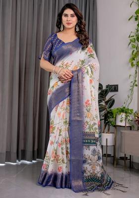 White Printed Linen Saree Set