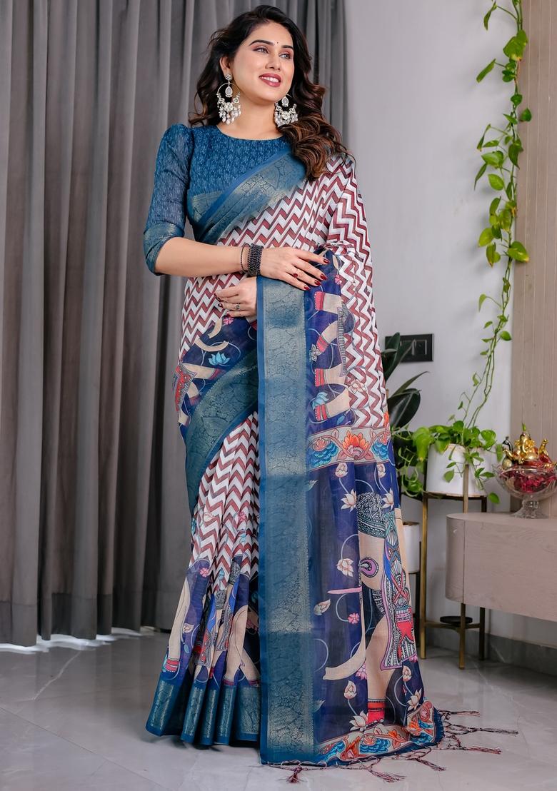 Navy Blue Printed Linen Saree Set - Indya