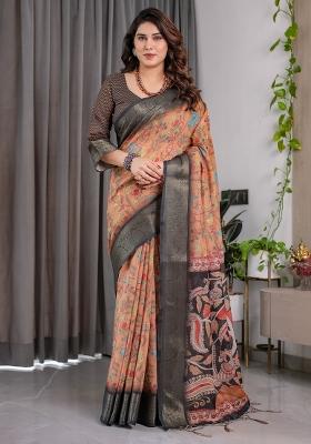 Brown Printed Linen Saree Set