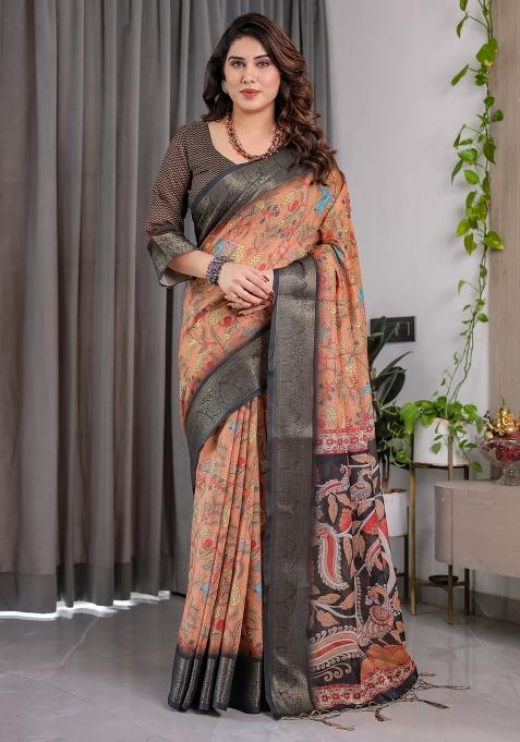 Brown Printed Linen Saree Set
