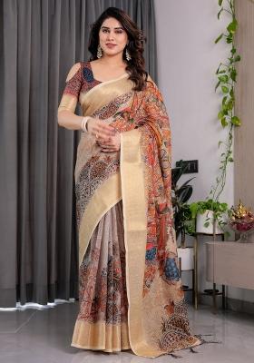Cream Printed Linen Saree Set