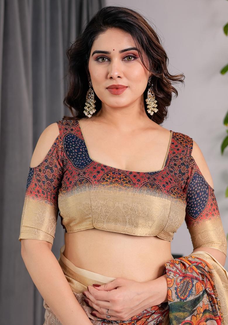 Cream Printed Linen Saree Set - Indya