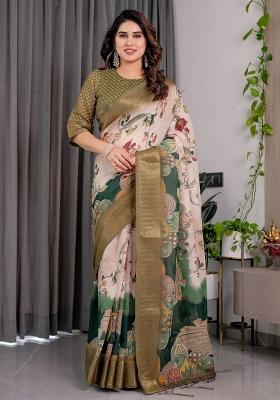 Olive Printed Linen Saree Set