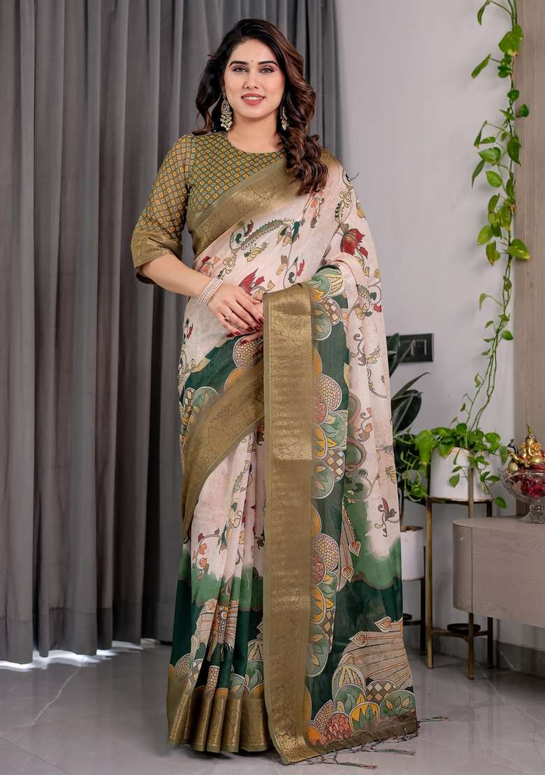 Olive Printed Linen Saree Set for Diwali and Festive Wear - Indya