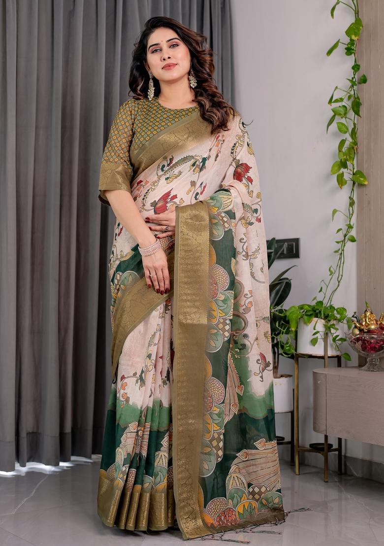 Olive Printed Linen Saree Set - Indya