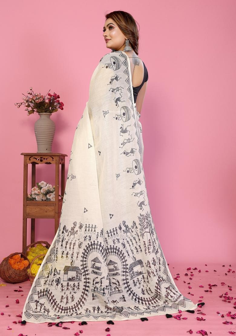 Ivory Printed Cotton Saree Set - Indya