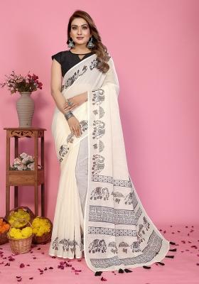 Ivory Printed Cotton Saree Set