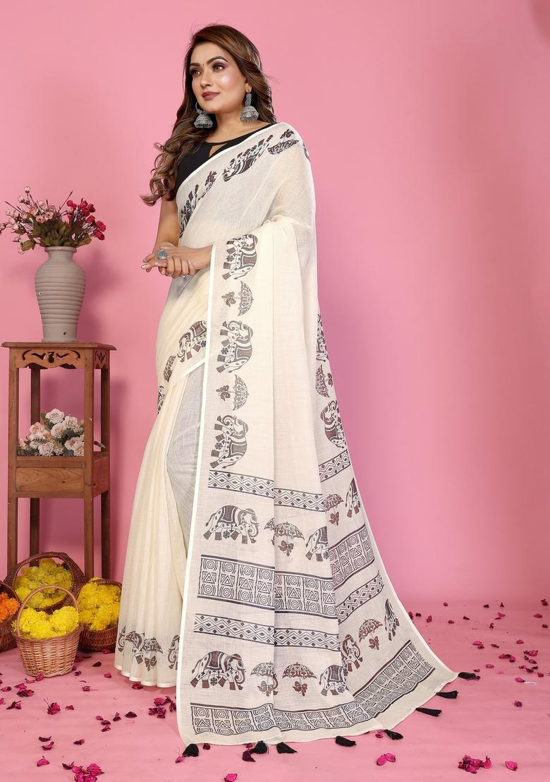 Ivory Printed Cotton Saree Set - Indya