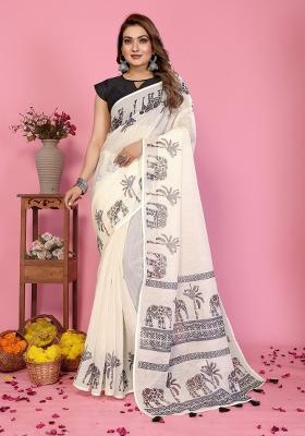 Ivory Printed Cotton Saree Set