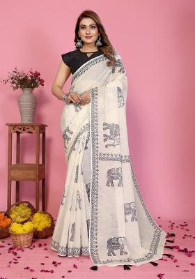 Ivory Printed Cotton Saree Set