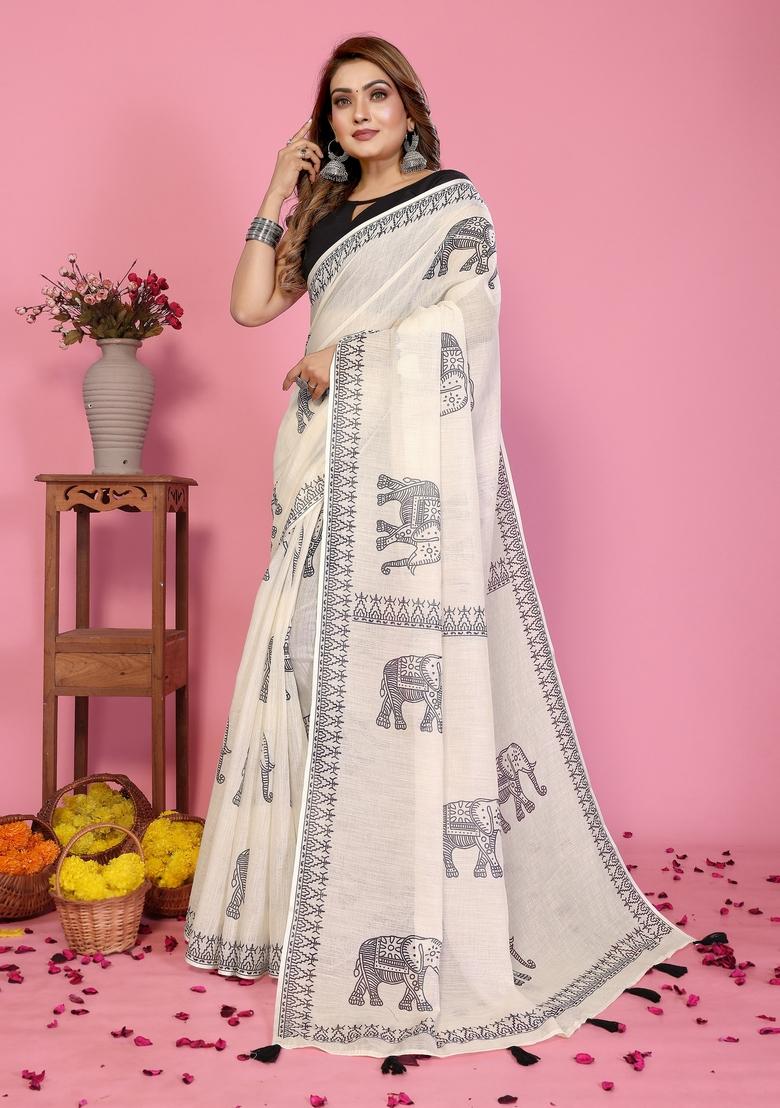 Ivory Printed Cotton Saree Set - Indya