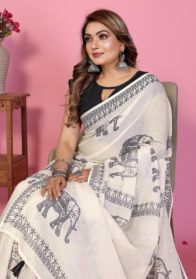 Ivory Printed Cotton Saree Set - Indya