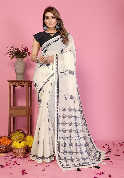Ivory Printed Cotton Saree Set