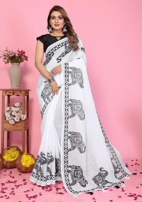 White Printed Cotton Saree Set