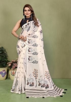 Ivory Printed Cotton Saree Set