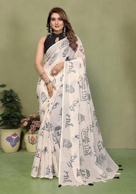 Ivory Printed Cotton Saree Set
