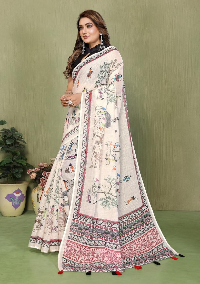 Ivory Printed Cotton Saree Set - Indya