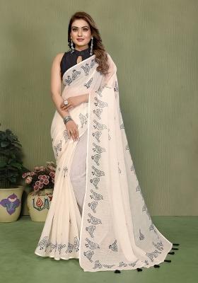 Ivory Printed Cotton Saree Set