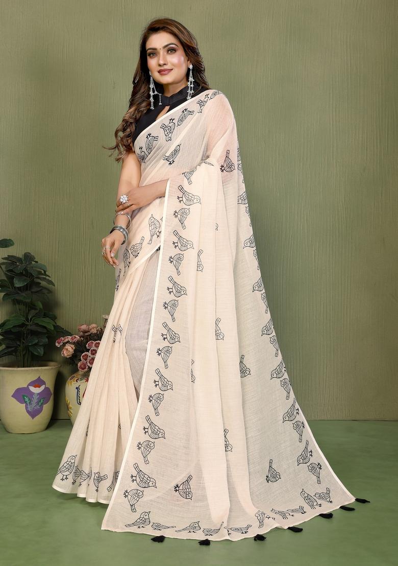 Ivory Printed Cotton Saree Set - Indya
