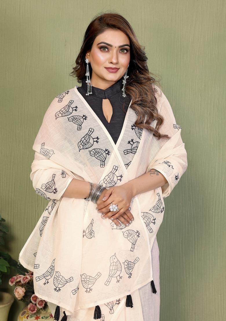 Ivory Printed Cotton Saree Set - Indya