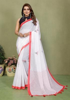 White Printed Cotton Saree Set