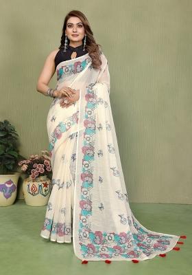 Ivory Printed Cotton Saree Set