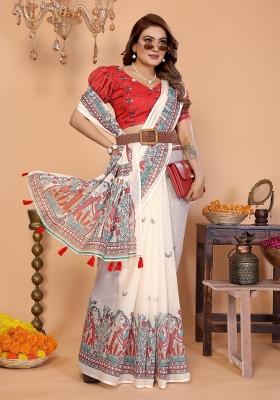 Ivory Printed Cotton Saree Set