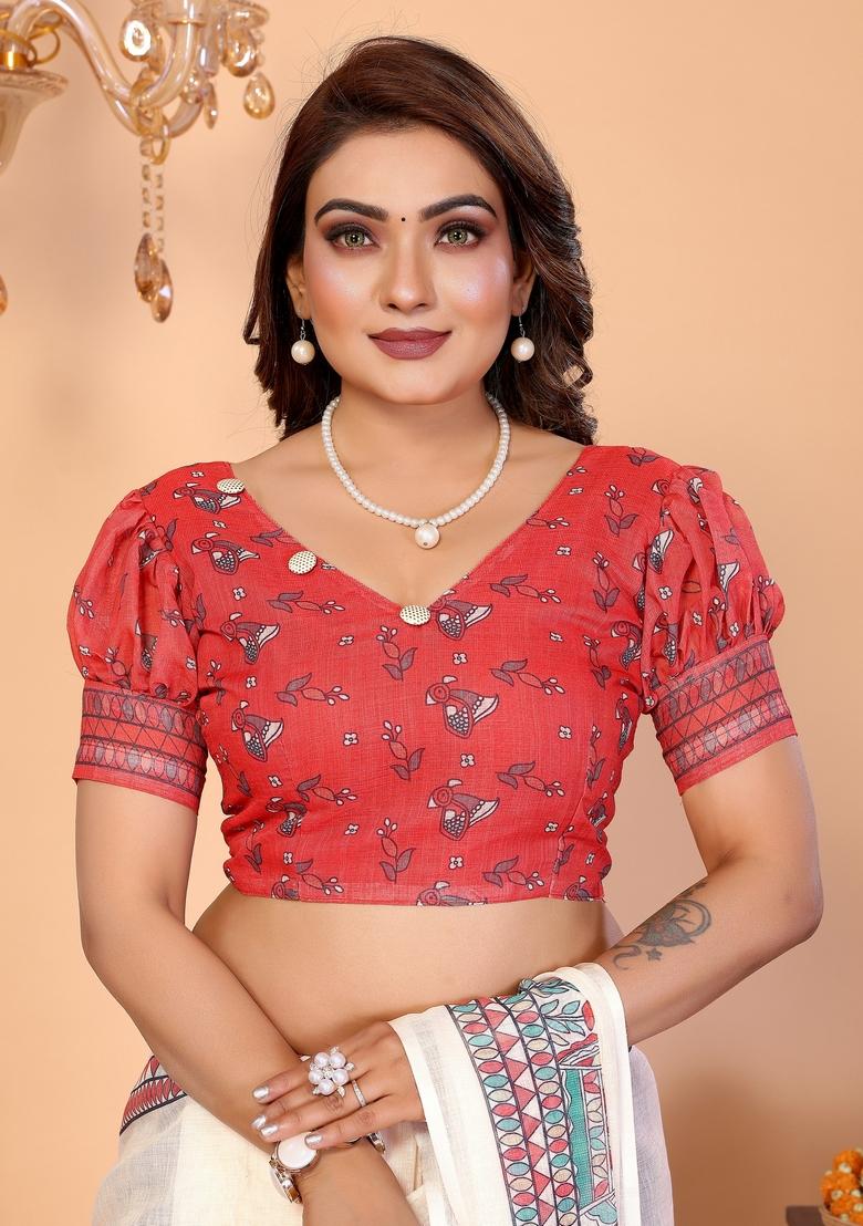 Ivory Printed Cotton Saree Set - Indya