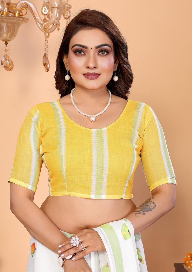 Ivory Printed Cotton Saree Set - Indya