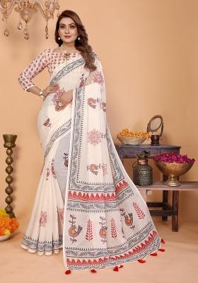 Ivory Printed Cotton Saree Set