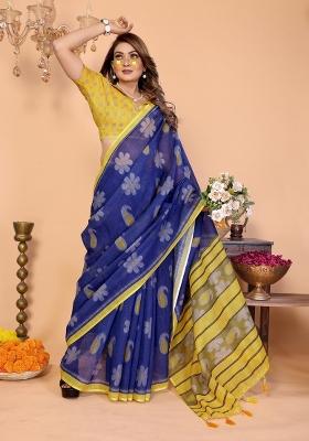 Blue Printed Cotton Saree Set