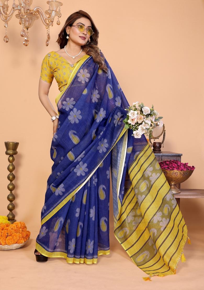 Blue Printed Cotton Saree Set - Indya