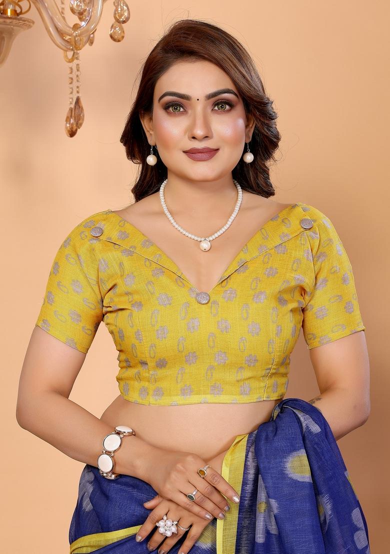 Blue Printed Cotton Saree Set - Indya