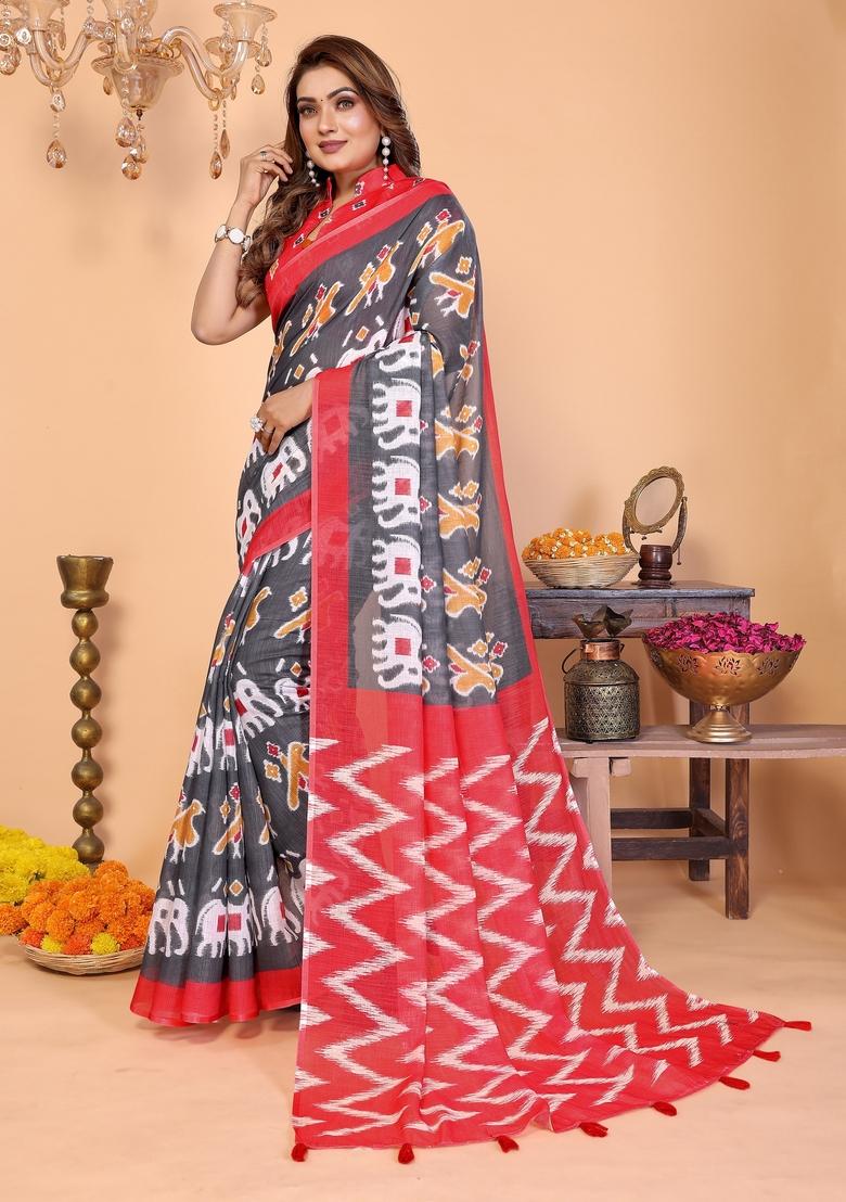 Grey Printed Cotton Saree Set - Indya