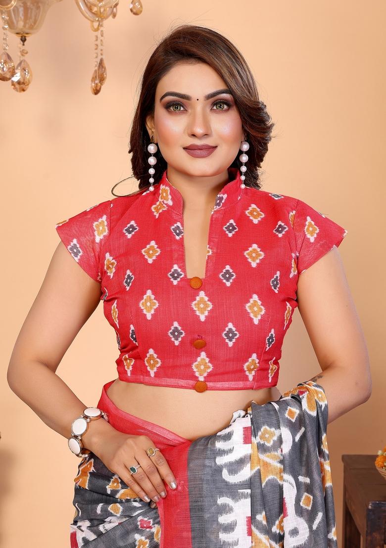 Grey Printed Cotton Saree Set - Indya