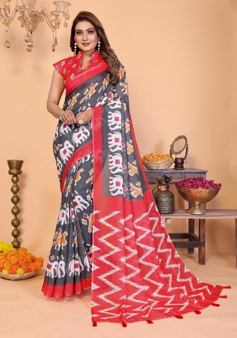 Grey Printed Cotton Saree Set