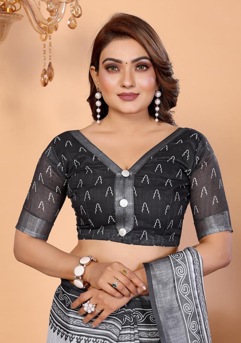 Black Printed Cotton Saree Set - Indya