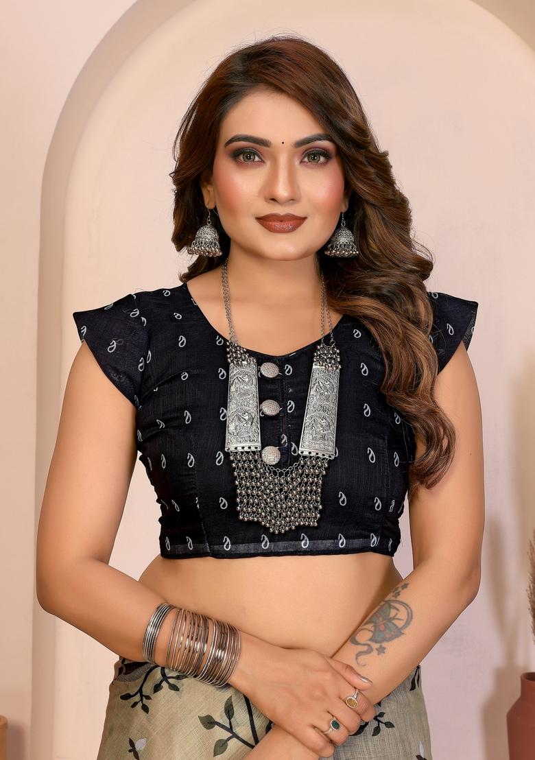 Brown Printed Cotton Saree Set - Indya