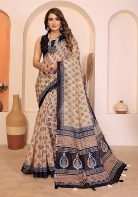 Brown Printed Cotton Saree Set